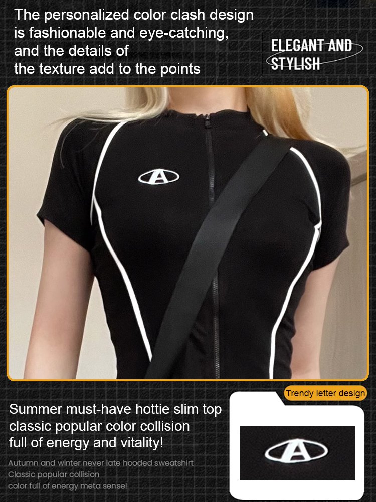 Ins hot girl zipper short sweet spicy motorcycle style short sleeves