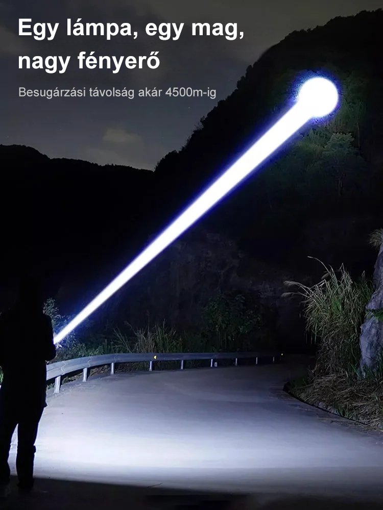Erős LED-es, állítható fényszóróval ellátott kültéri zseblámpa.