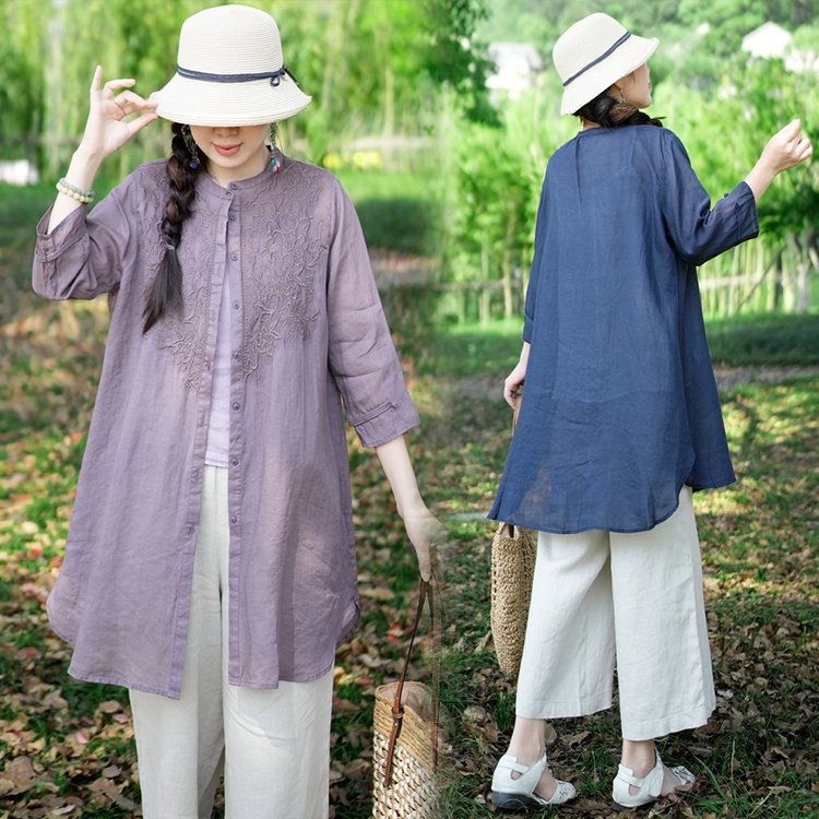 【レトロ刺繍入り綿麻カーディガン】肌触りの良いコットンリネン混紡素材を使用、繊細なビンテージ風刺繍がアクセントに