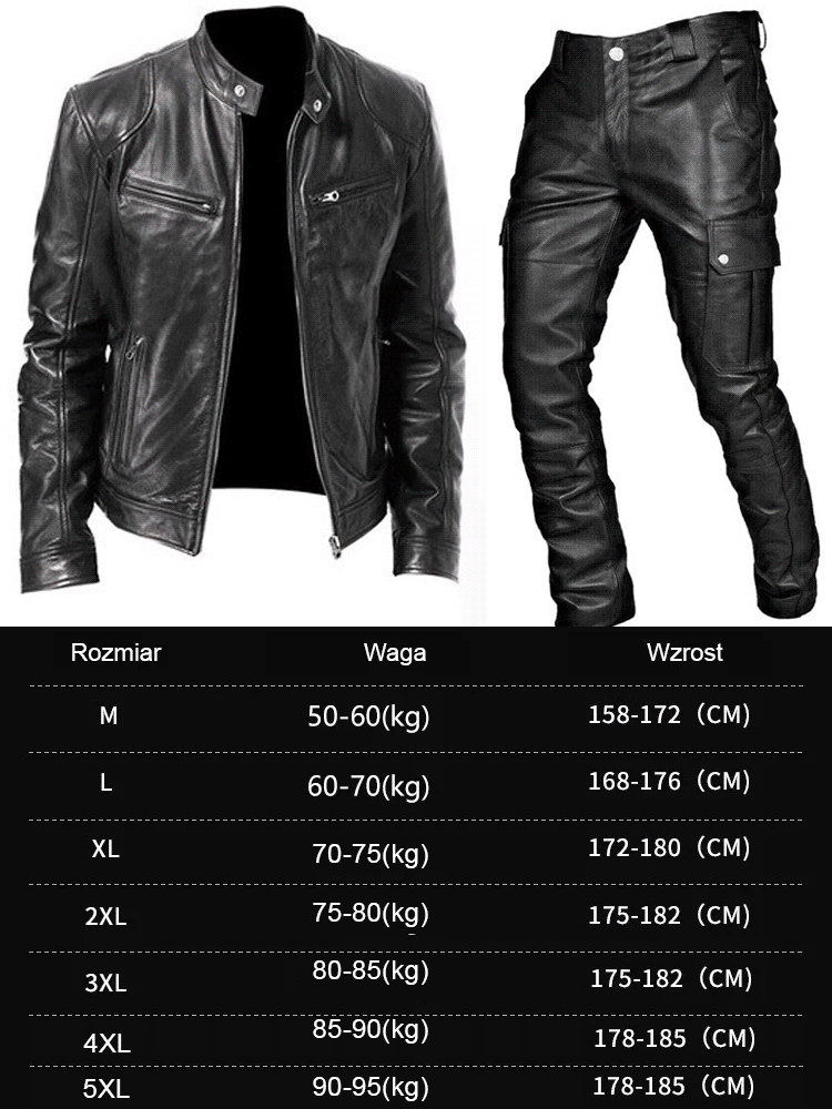 Jesienno-zimowy męski zestaw przeciwdeszczowy z kurtką skórzaną.
