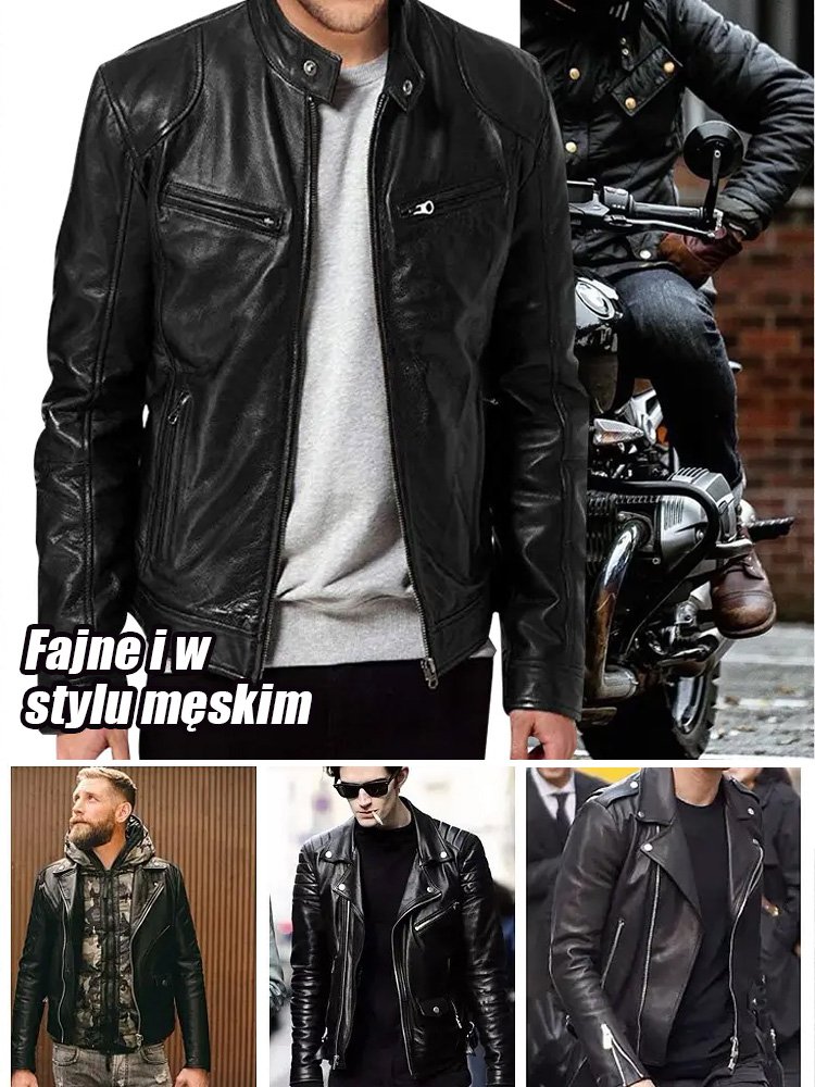 Jesienno-zimowy męski zestaw przeciwdeszczowy z kurtką skórzaną.