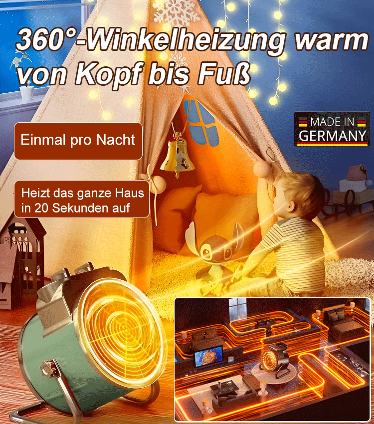 [Ein Grad Strom zum Heizen von 200 Quadratmetern] Heizlüfter mit 360°-Konvektion