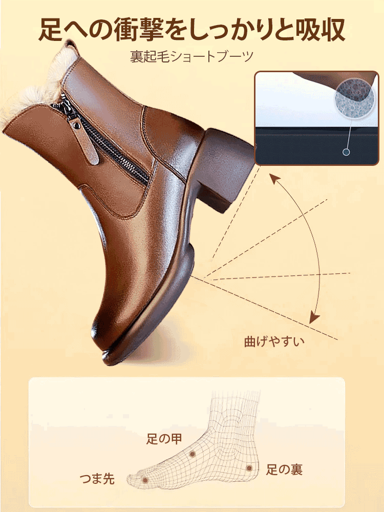 サイドファスナー付き裏起毛ショートブーツ