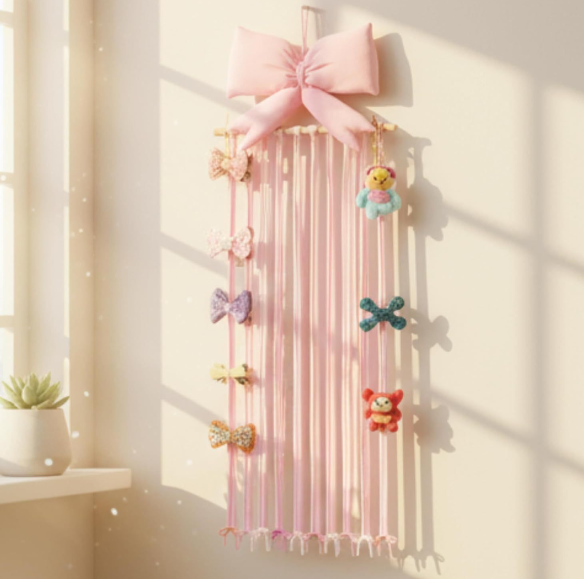 Organizador colgante para pinzas de pelo con diseño de lazo rosa