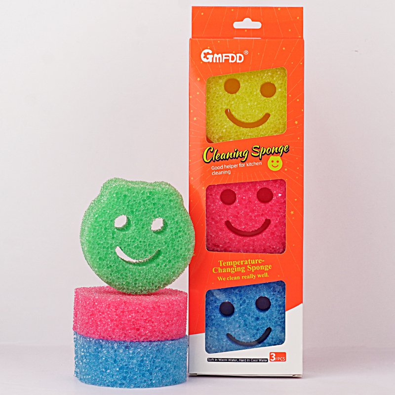 3pcs/pack Colorful  Happy Face Scrub Sponge Flower Scour Sponges Deep Cleaning Temperature Control D