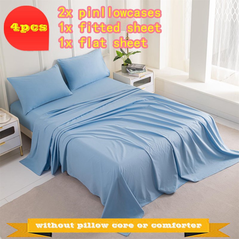 Luxury 4-Piece 100% Cotton Sheet Set Queen & King Sizes Bedding with 1 Fitted Sheet 1 Flat Sheet 2 P
