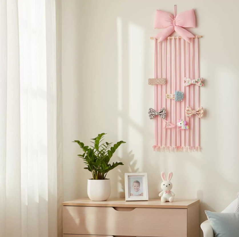 Organizador colgante para pinzas de pelo con diseño de lazo rosa