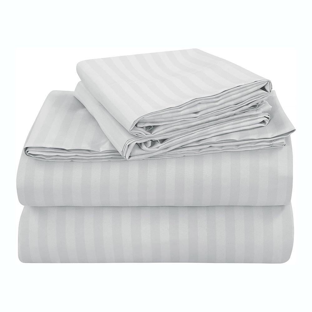 Wholesale 1800TC Luxury Bed Sheet Set White Hotel Linen 1cm Satin Stripe Bulk Bed Flat Sheets for St