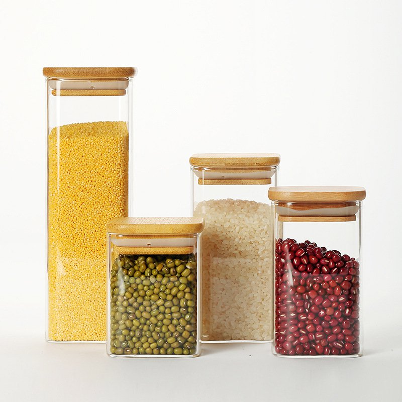 1150ML 유리 팬트리 보관 용기 사각형 나무 뚜껑 로고