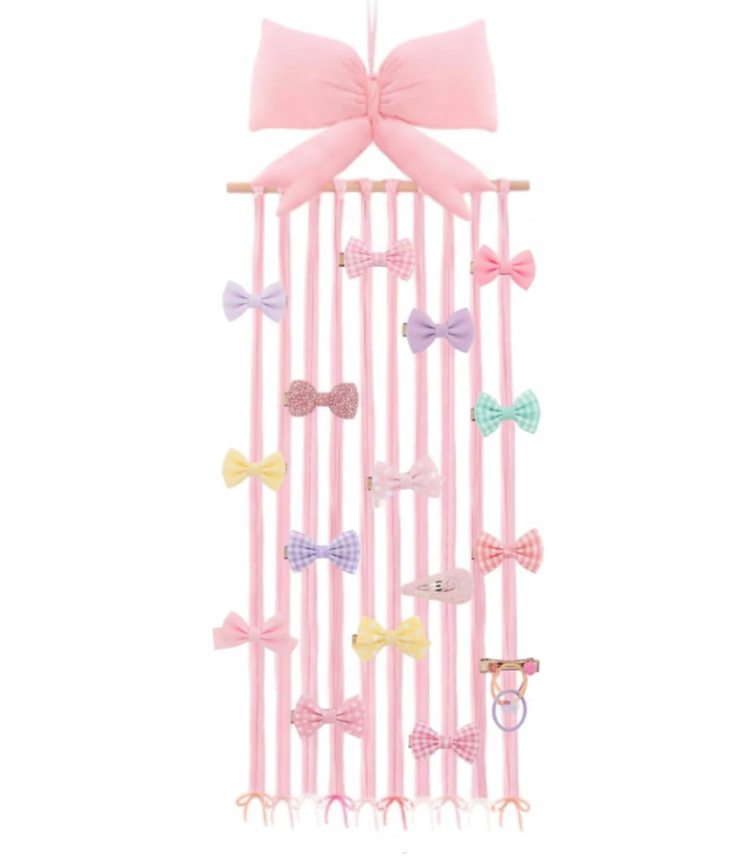 Organizador colgante para pinzas de pelo con diseño de lazo rosa