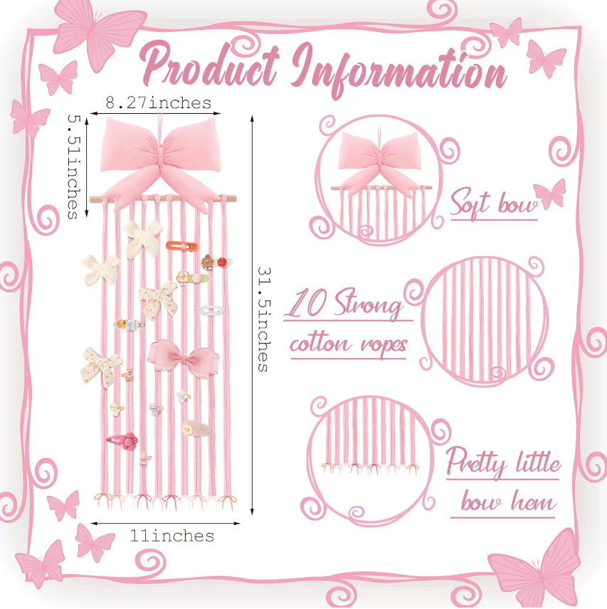 Organizador colgante para pinzas de pelo con diseño de lazo rosa