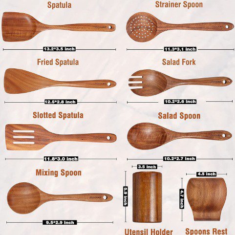 耐用柚木防粘掛鉤托盤組 100%天然廚房木製烹飪用具