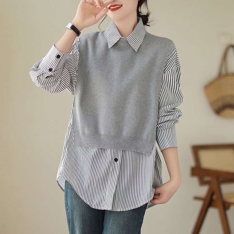 2023秋冬新作大きいサイズストライプシャツとニットベストセット正面画像