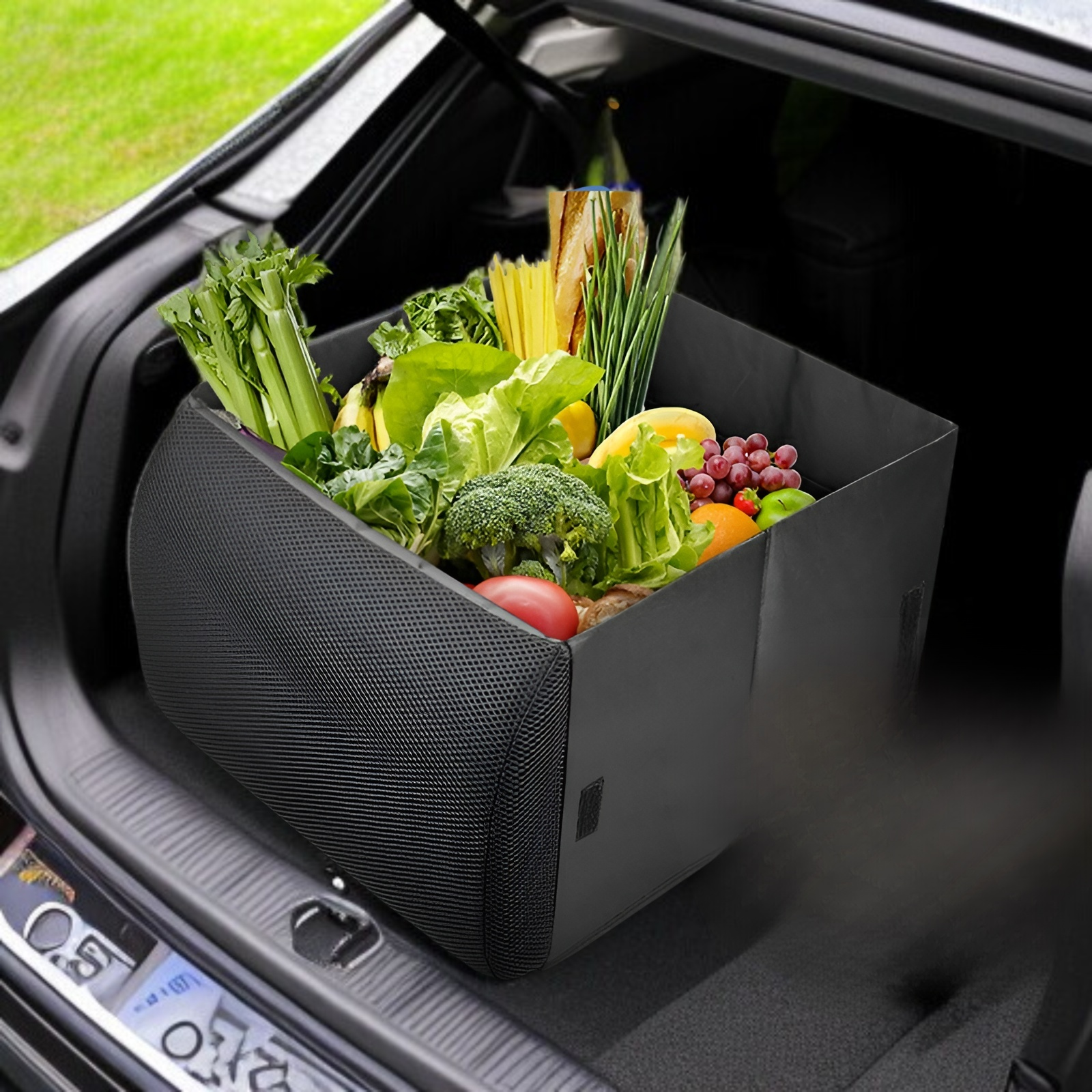 Foldable rectangular car seat organizer with lumbar support