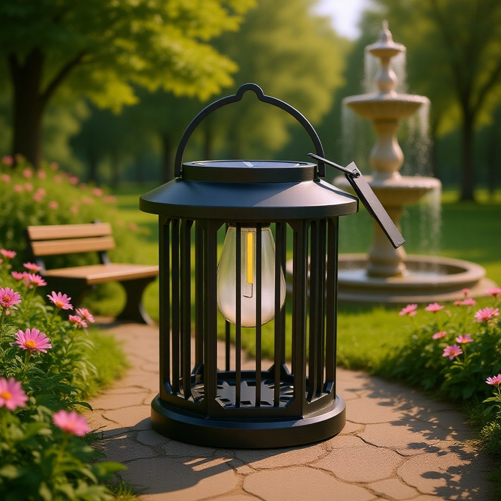 Detail solární lampy na zahradě