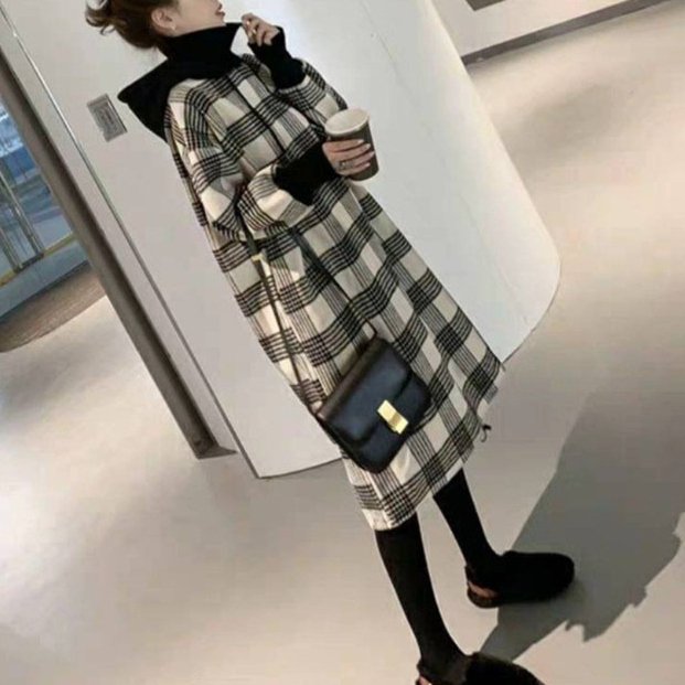 ファッションフード付きチェック柄着瘦せカジュアルワンピース