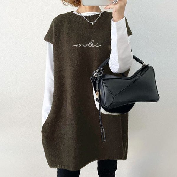 楽天人気アイテムアルファベット柄プリントサイドスリットコーディネート自在ルーズカジュアルニットベスト