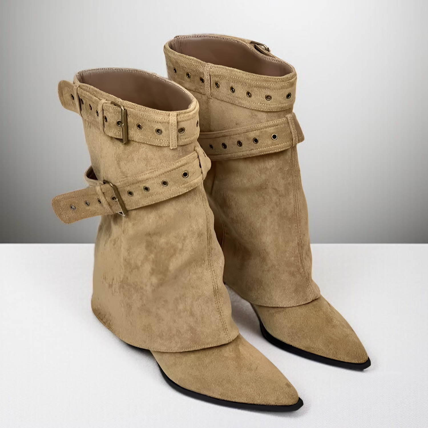 膝下ウエスタンブーツ ベルト付きショートブーツ レディース