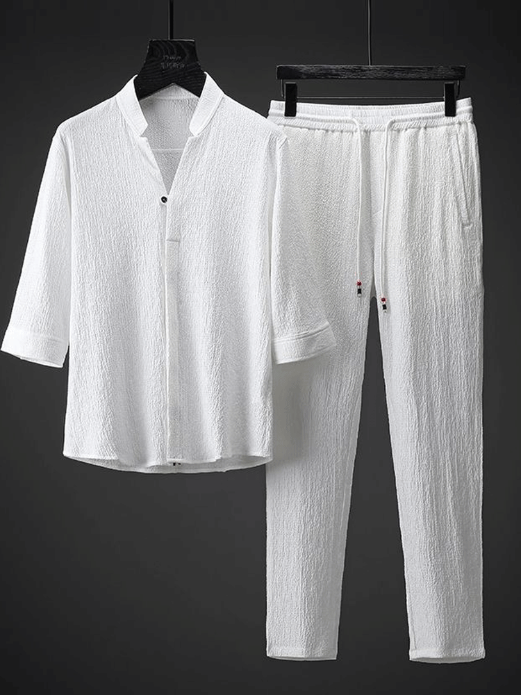 طقم الملابس الفضفاضة الفاخرة الرقيقة للرجال من القطن والكتان