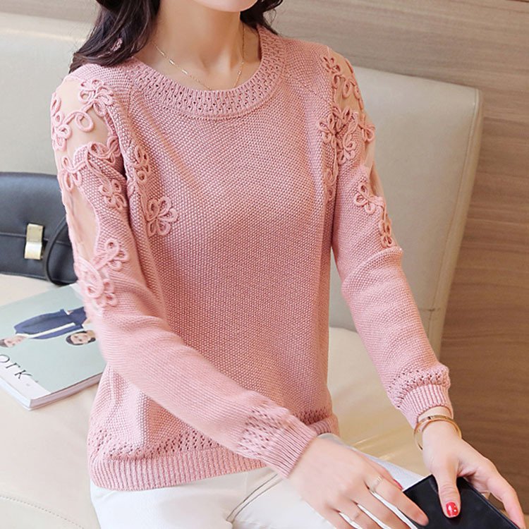 新商品エレガント切り替えラウンドネック長袖ニットセーター