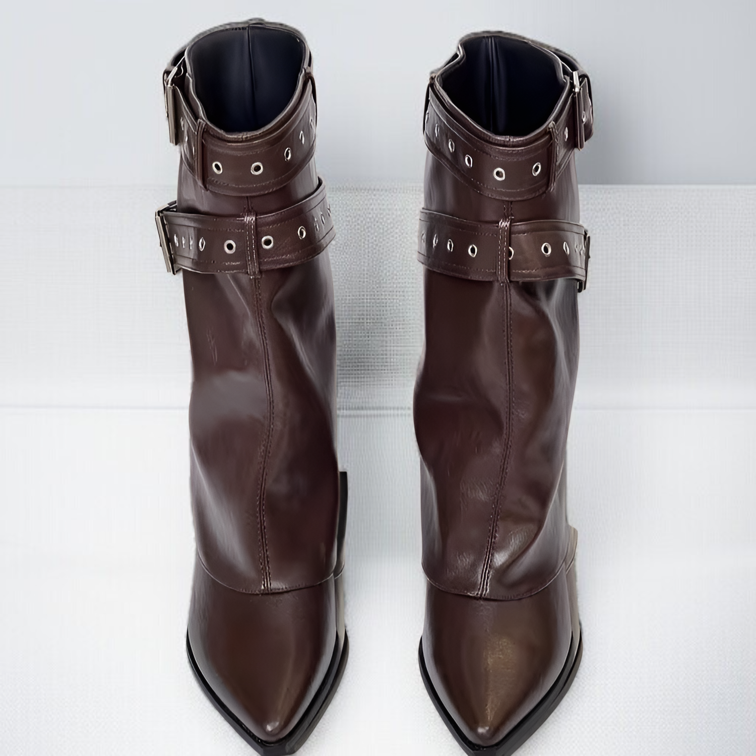 膝下ウエスタンブーツ ベルト付きショートブーツ レディース