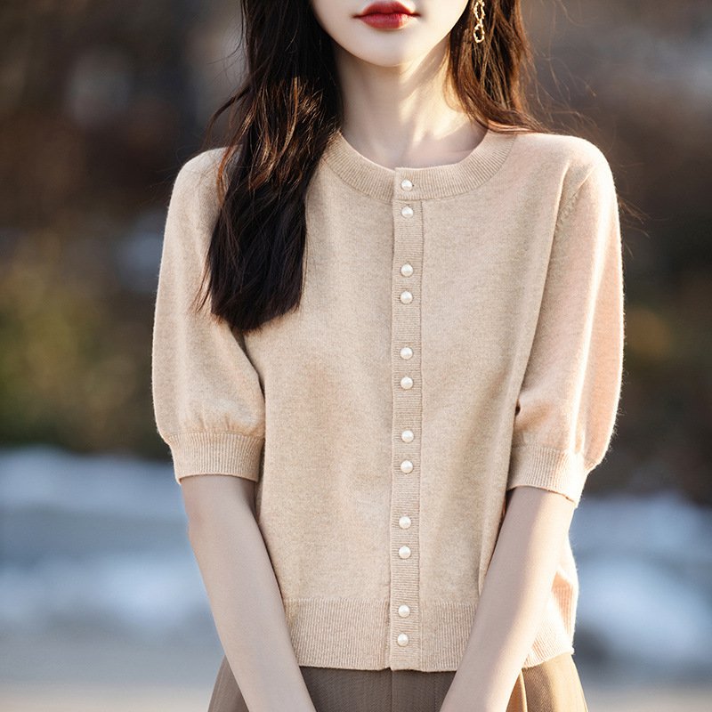 パール付き半袖ニットカーディガン