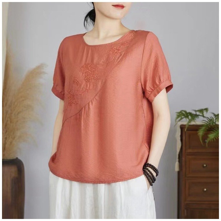 슬림한 솔리드 컬러 자수 탑