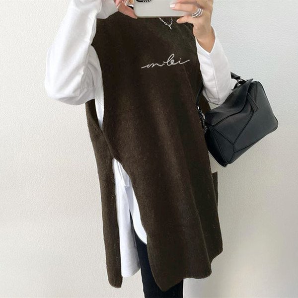 楽天人気アイテムアルファベット柄プリントサイドスリットコーディネート自在ルーズカジュアルニットベスト