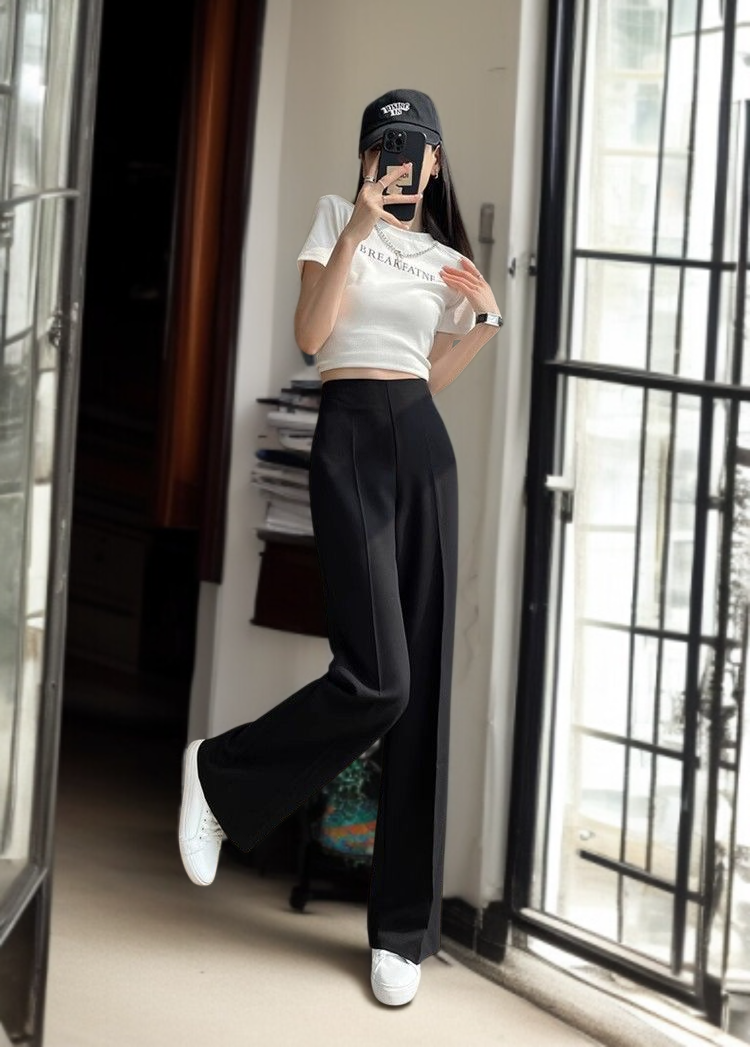 여성 봄가을 작은 키 슬림 와이드 팬츠 처짐 옆 지퍼 정장 팬츠 힙업 일자 팬츠 하이웨스트 캐주얼 팬츠