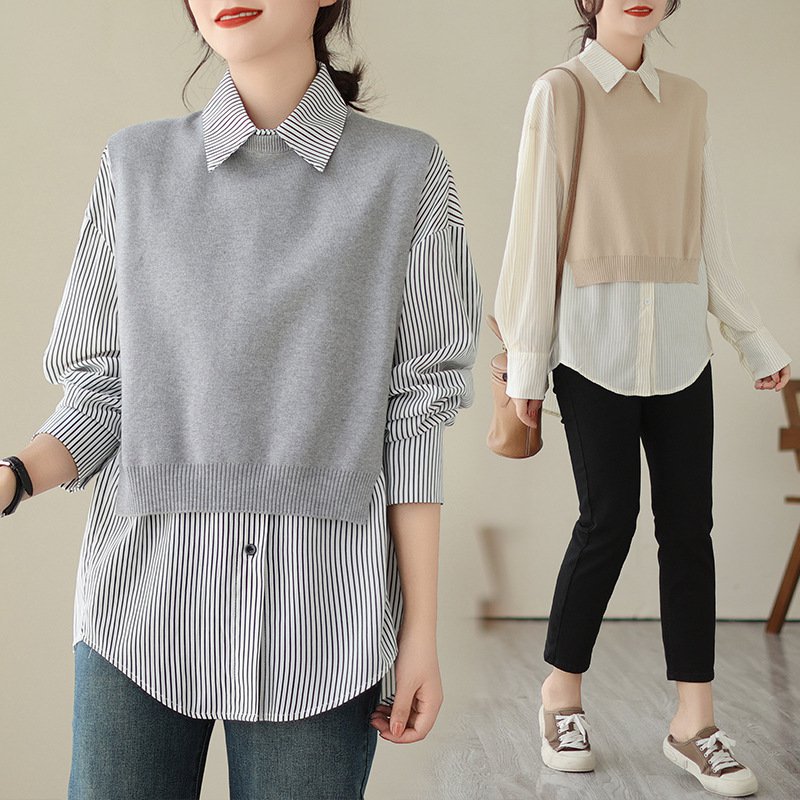 ゆったり快適ストライプシャツとニットベストコーディネート例