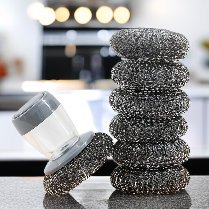 Kitchen scrubber brush with wire ball for tough stains