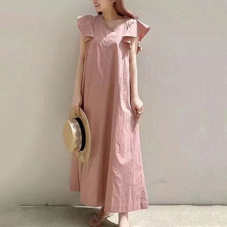 人気新作フリルスリーブAライン無地ルーズワンピース