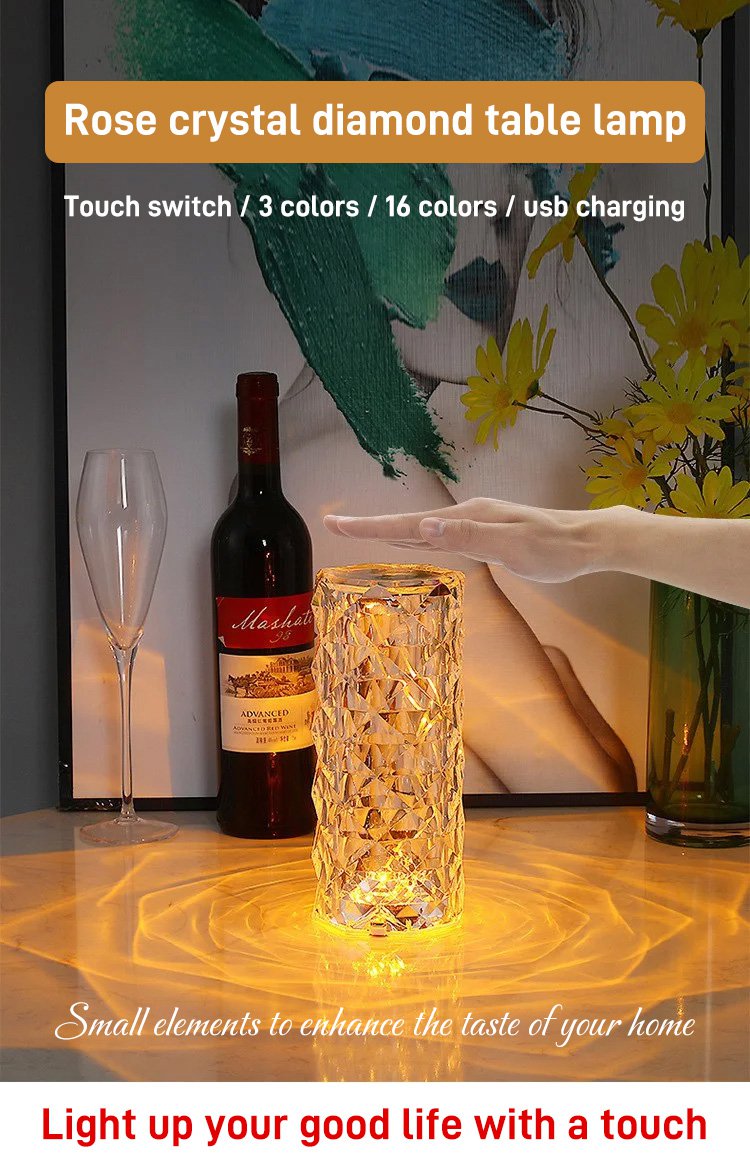 Crystal diamond lamp illuminating a cozy bedroom