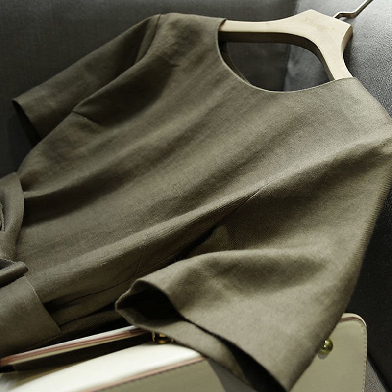 無地ポケット付きボウタイ半袖ワンピース