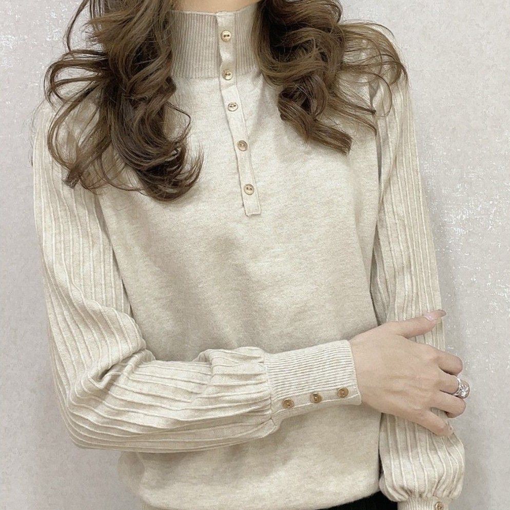 話題沸騰中カジュアルハイネック長袖ボタン無地ニットセーター