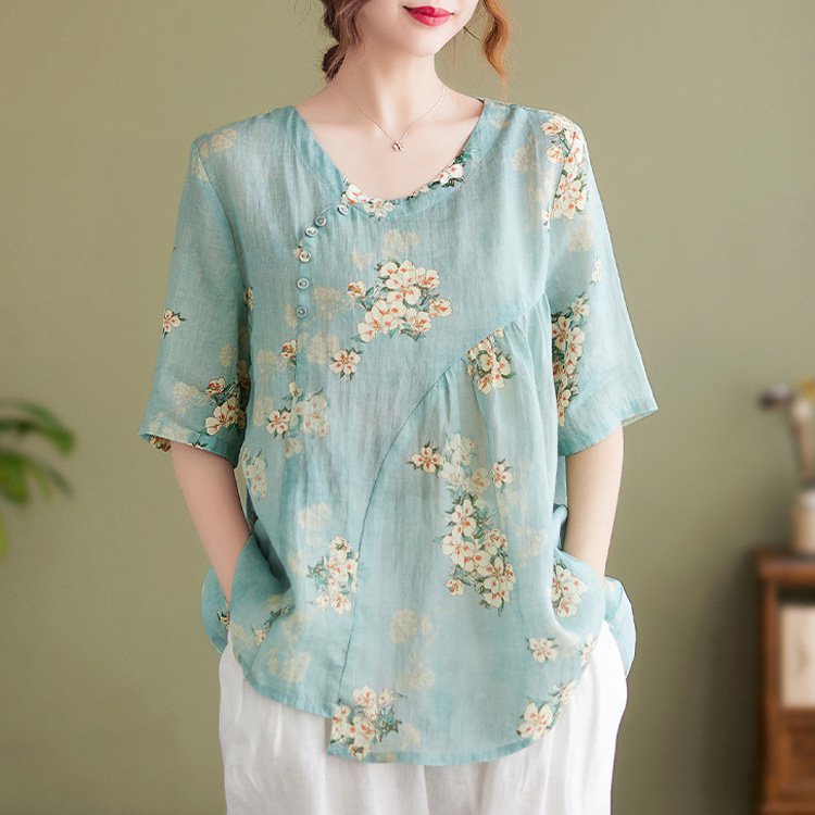 綿麻・捺染Vネックブラウス