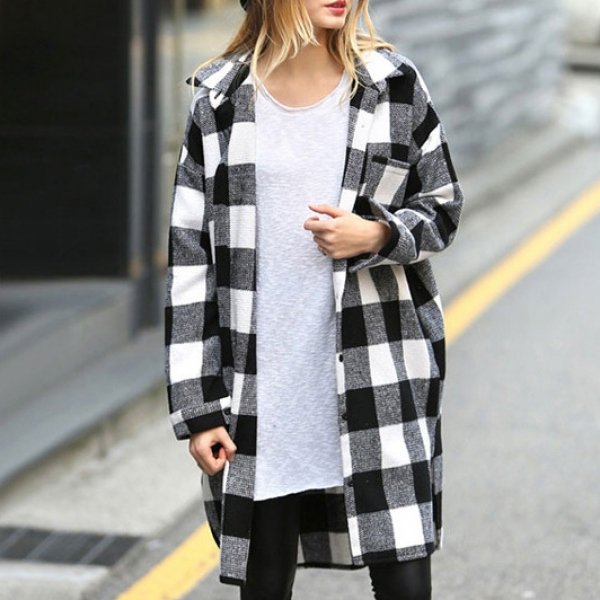 チェック柄配色ポケット付き長袖シャツ