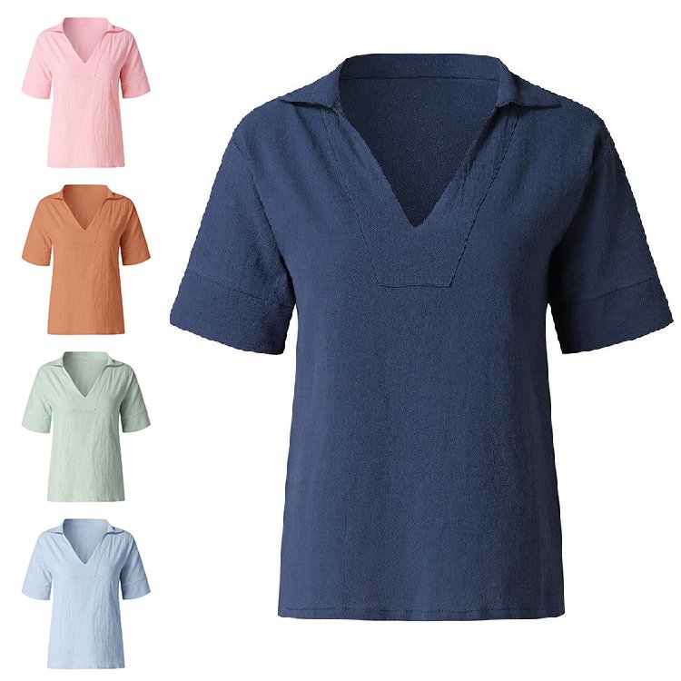 Vネック無地綿麻シャツ