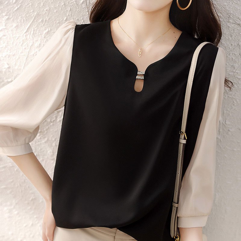 여성 쉬폰 배색 블라우스 