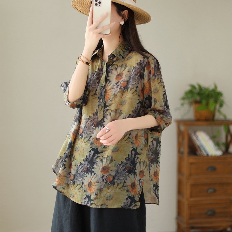 ゆったり薄手リネン七分袖ブラウス