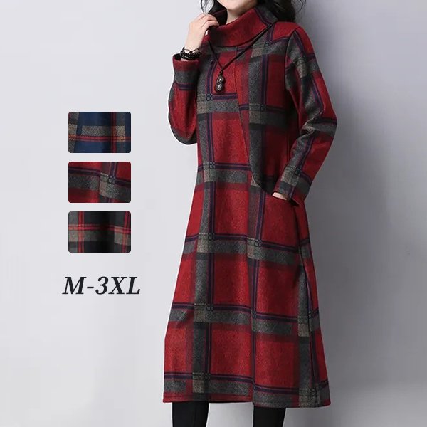 欠かせないチェック柄ハイネック長袖すね丈カジュアルワンピース