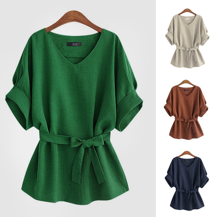 リボンベルト付きブラウス