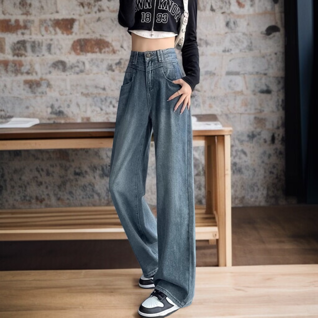 트렌디한 여자 와이드 데님 팬츠