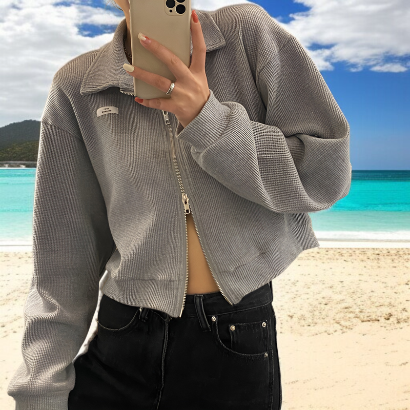 女性用ジッパー付きワッフルスポーツジャケット春秋スタイル