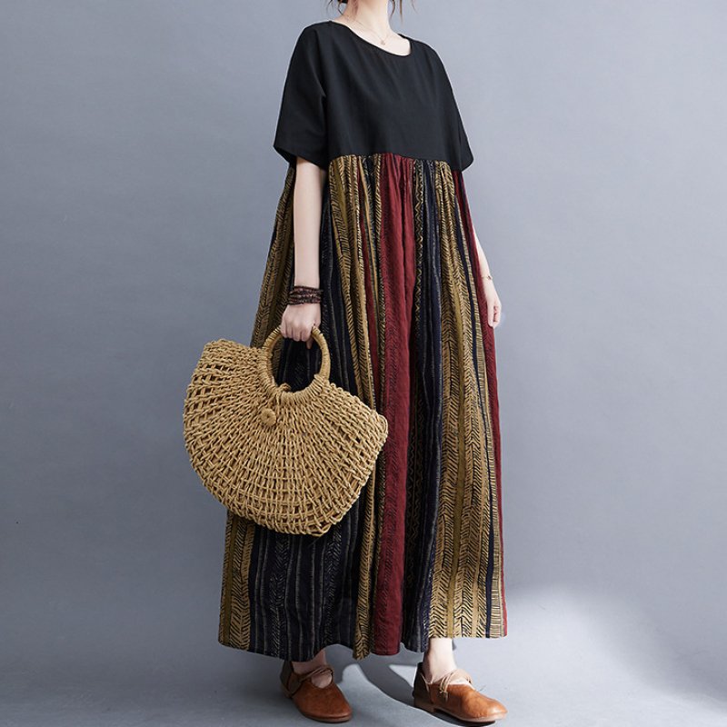 超人気ヒッコリー柄切り替え配色ワンピース