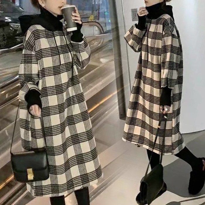ファッションフード付きチェック柄着瘦せカジュアルワンピース