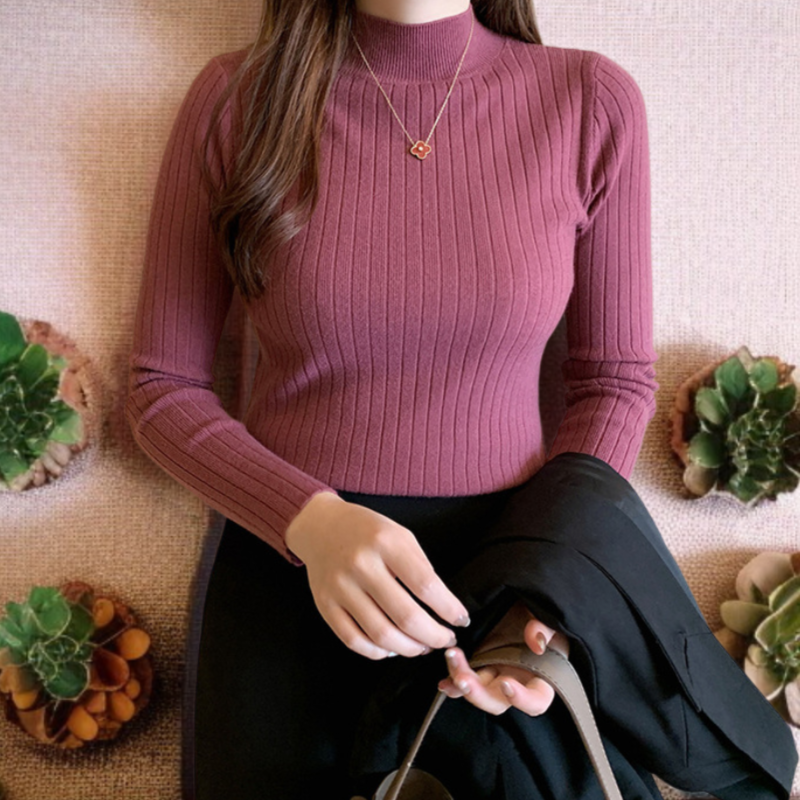 女性用スリム長袖ニットセーター着用イメージ