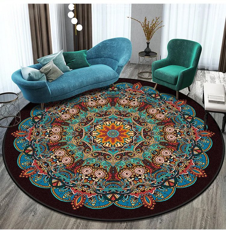 Etniczny okrągły dywan Mandala vintage w salonie